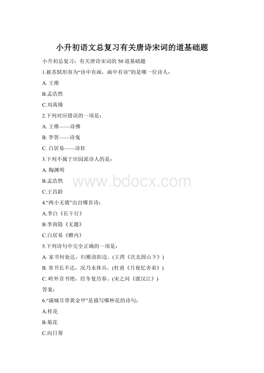 小升初语文总复习有关唐诗宋词的道基础题Word格式文档下载.docx