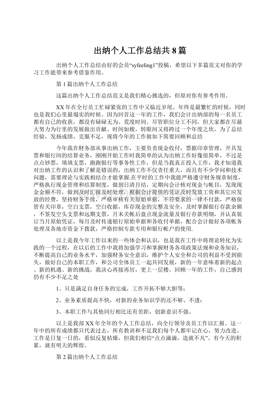 出纳个人工作总结共8篇.docx