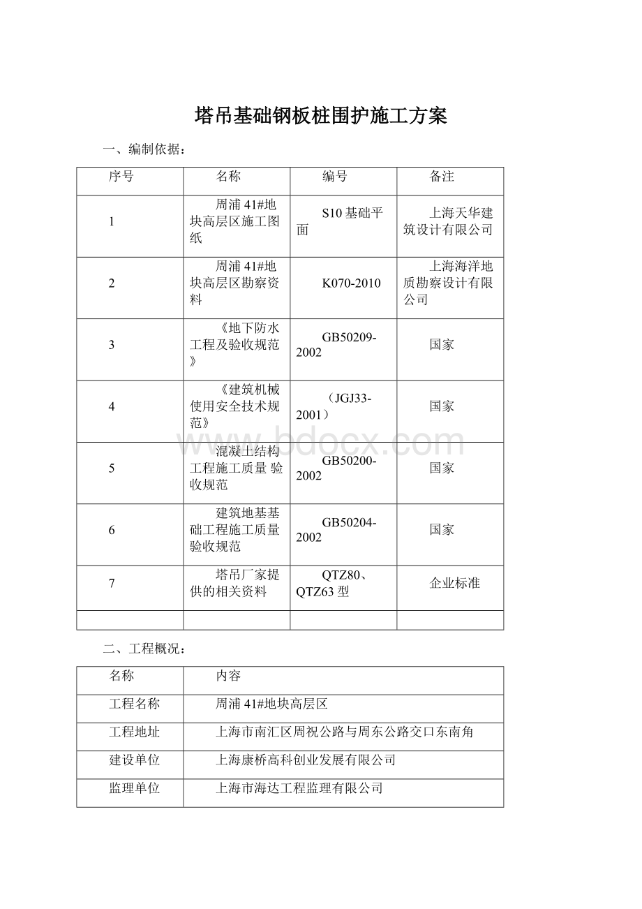 塔吊基础钢板桩围护施工方案Word文档下载推荐.docx