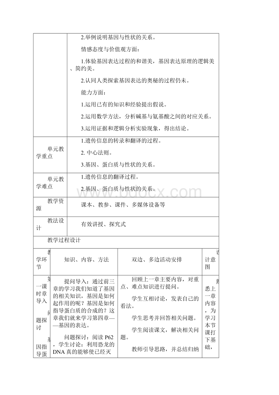 人教版高一生物第四单元教学设计.docx_第2页