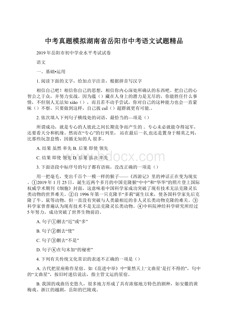 中考真题模拟湖南省岳阳市中考语文试题精品.docx_第1页