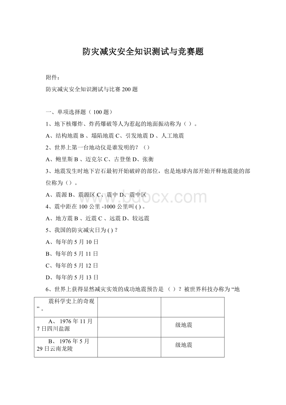 防灾减灾安全知识测试与竞赛题.docx_第1页