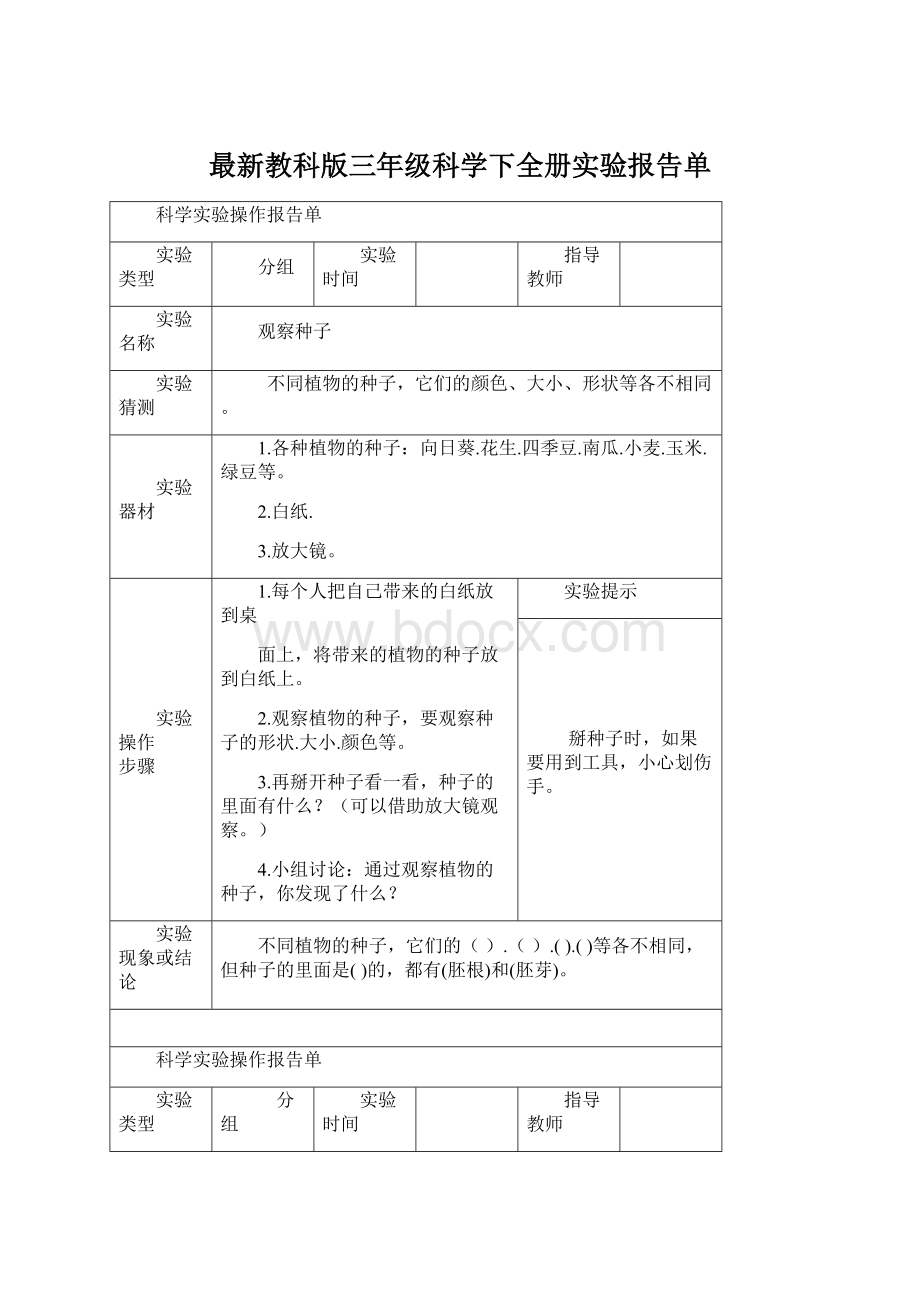 最新教科版三年级科学下全册实验报告单.docx