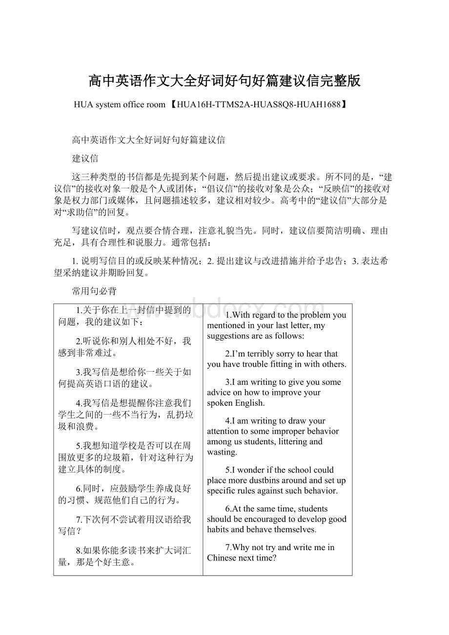 高中英语作文大全好词好句好篇建议信完整版Word文档格式.docx_第1页