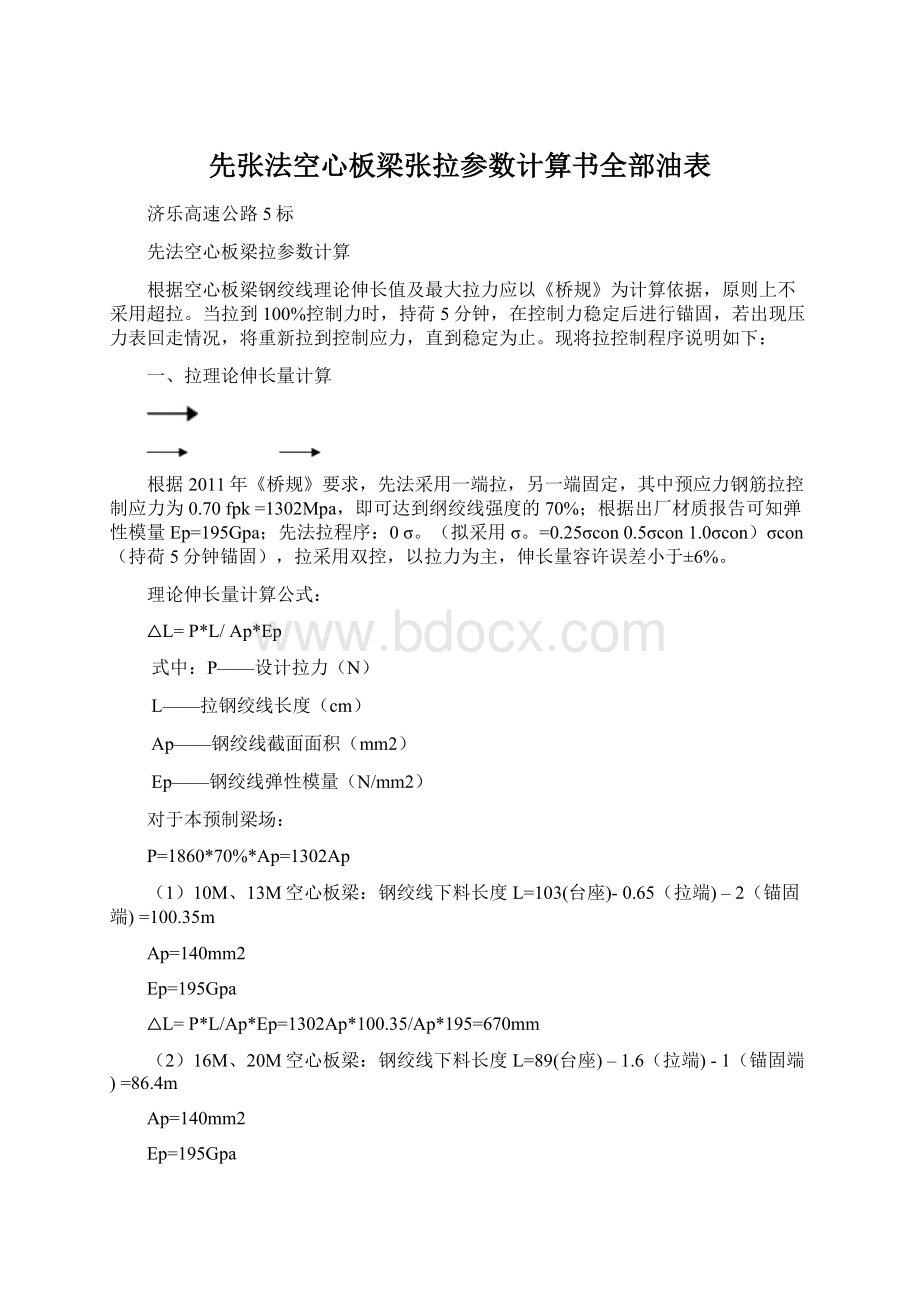 先张法空心板梁张拉参数计算书全部油表Word格式文档下载.docx_第1页