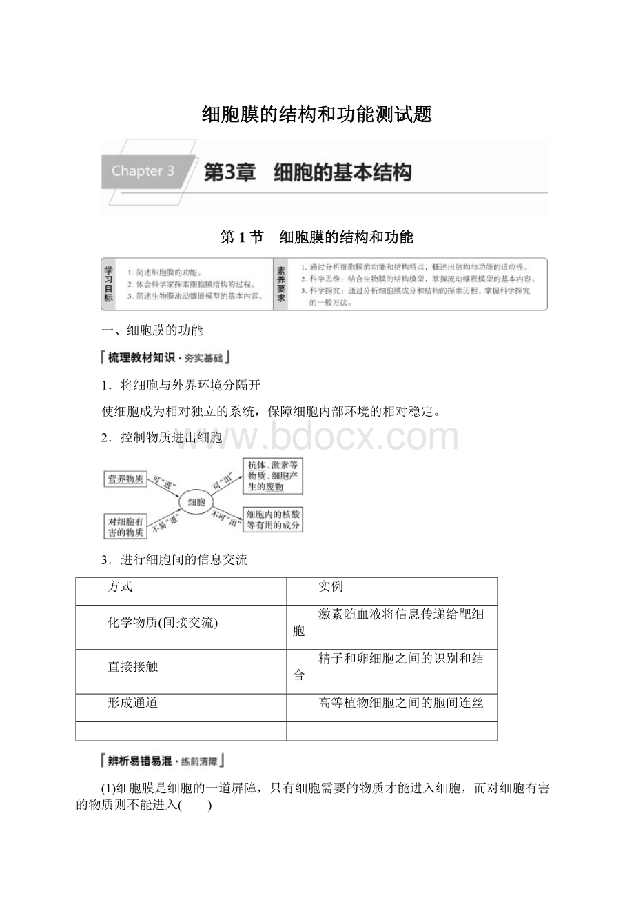 细胞膜的结构和功能测试题.docx