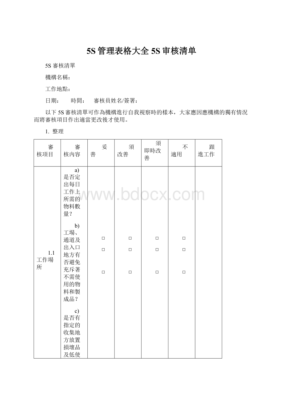 5S管理表格大全5S审核清单.docx_第1页