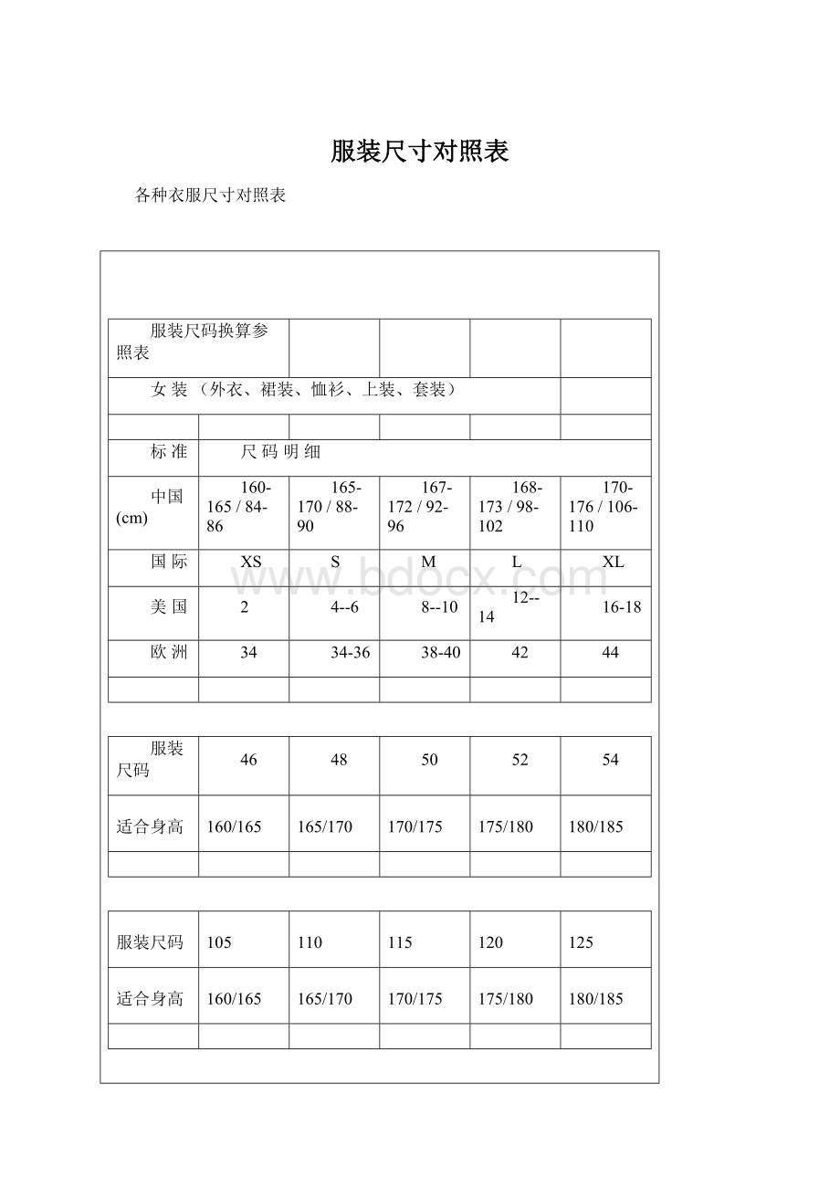 服装尺寸对照表Word格式文档下载.docx