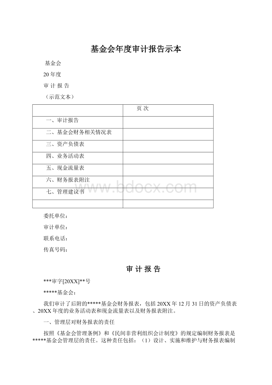 基金会年度审计报告示本文档格式.docx