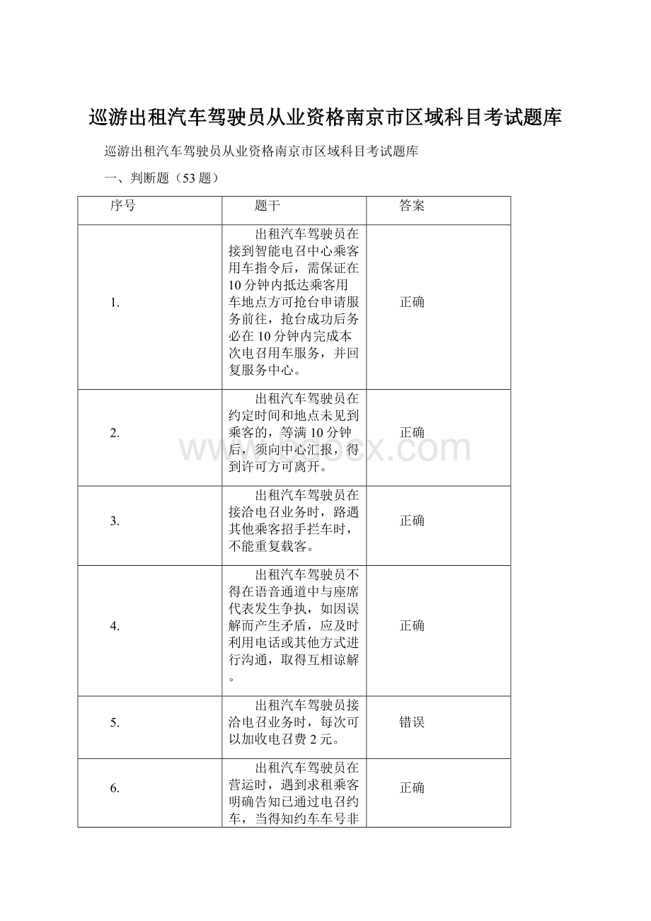 巡游出租汽车驾驶员从业资格南京市区域科目考试题库.docx