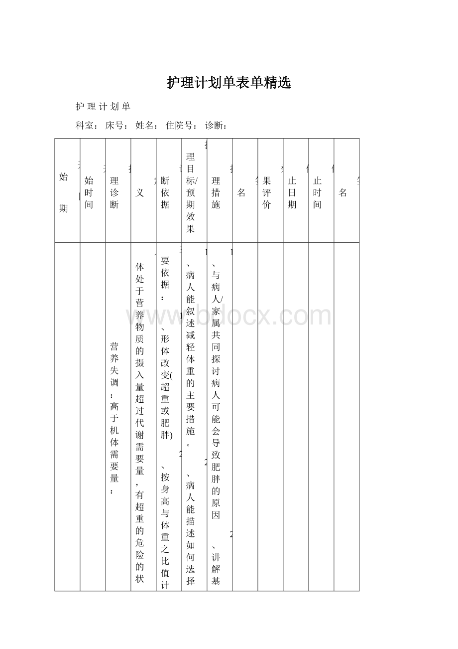 护理计划单表单精选.docx