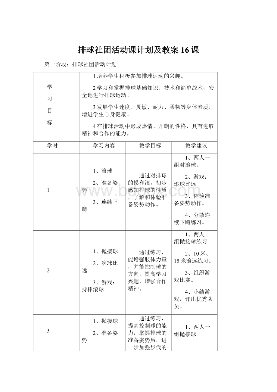 排球社团活动课计划及教案16课.docx_第1页