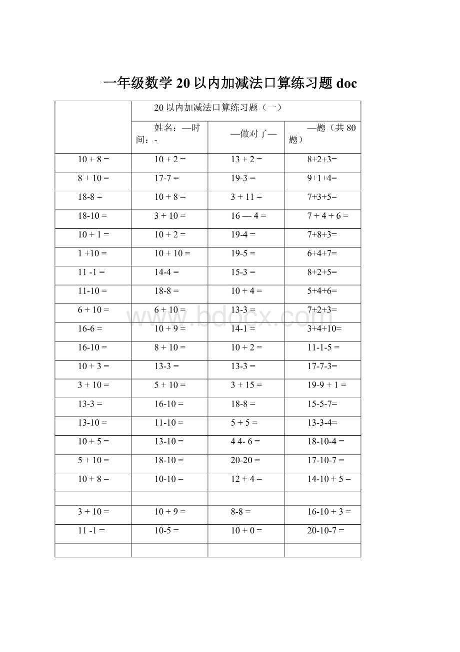 一年级数学20以内加减法口算练习题docWord文件下载.docx_第1页