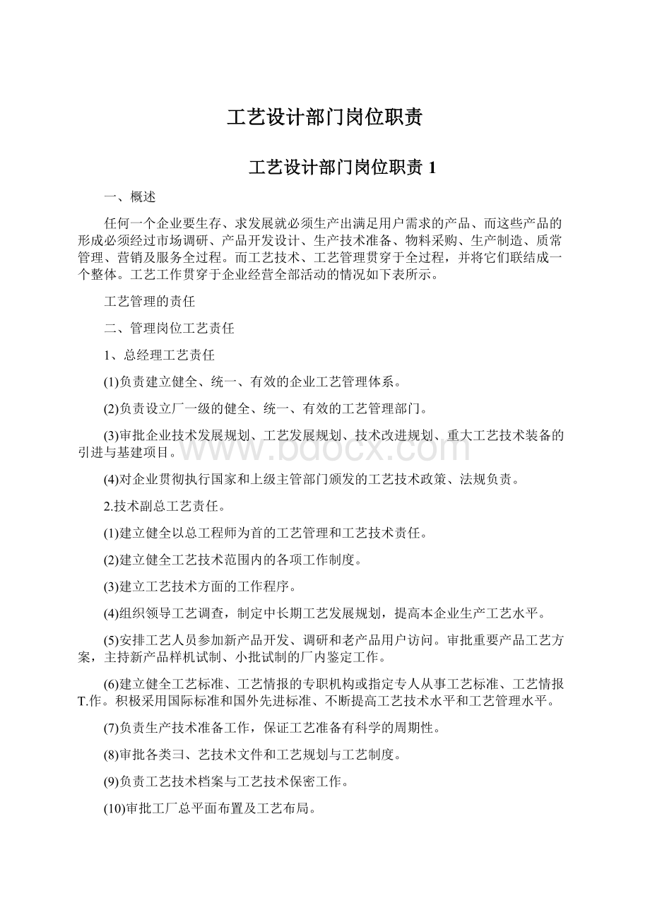 工艺设计部门岗位职责Word文档格式.docx_第1页