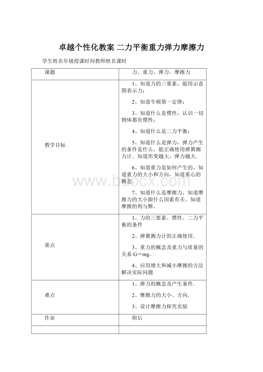 卓越个性化教案二力平衡重力弹力摩擦力文档格式.docx