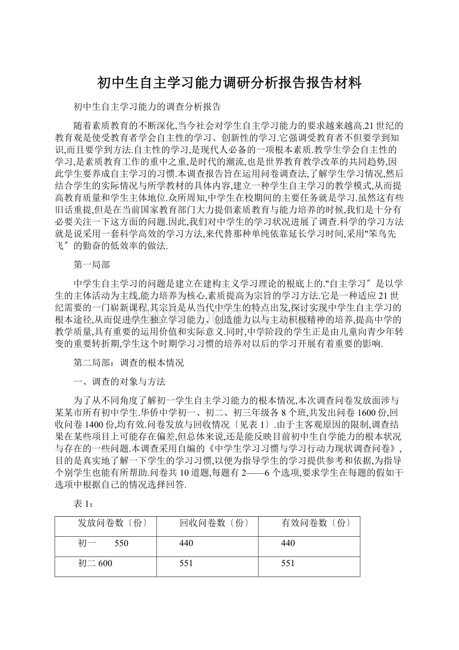 初中生自主学习能力调研分析报告报告材料Word格式.docx_第1页