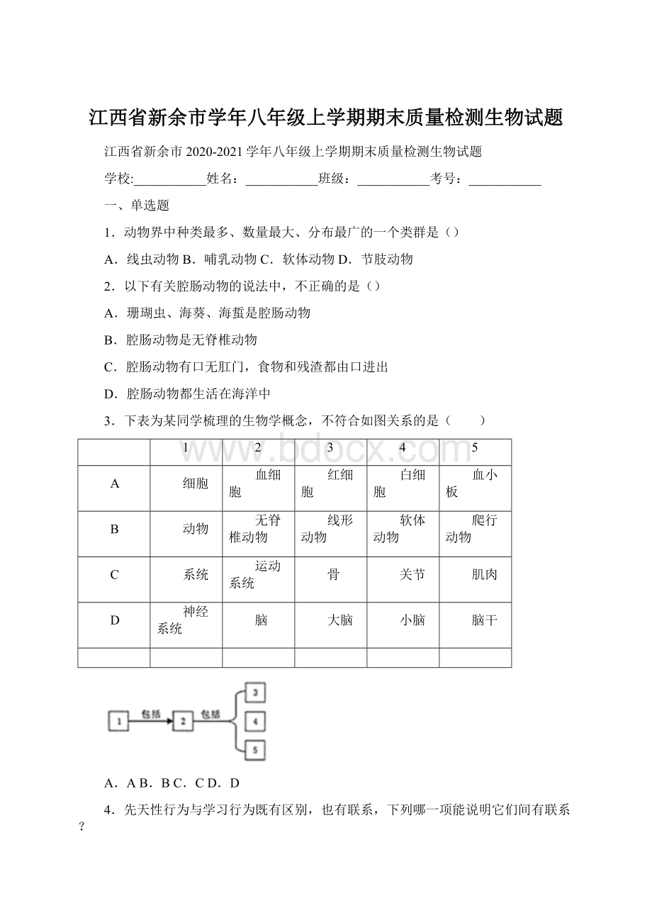 江西省新余市学年八年级上学期期末质量检测生物试题.docx