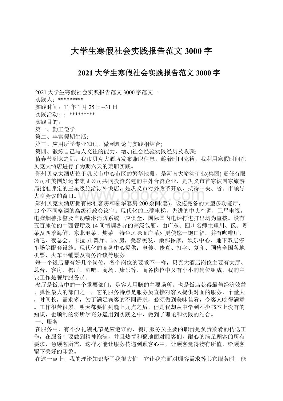 大学生寒假社会实践报告范文3000字Word下载.docx