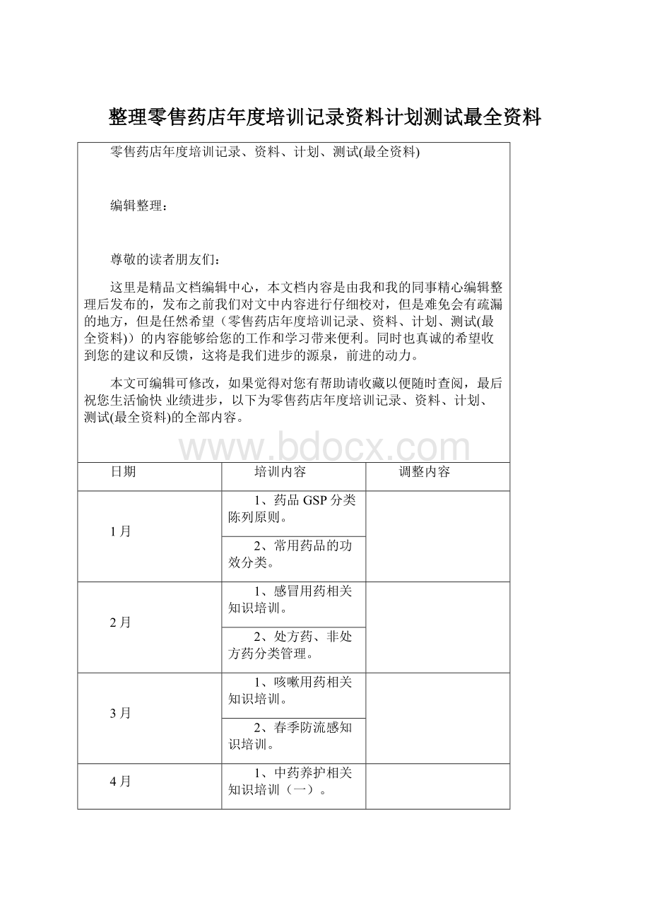 整理零售药店年度培训记录资料计划测试最全资料.docx