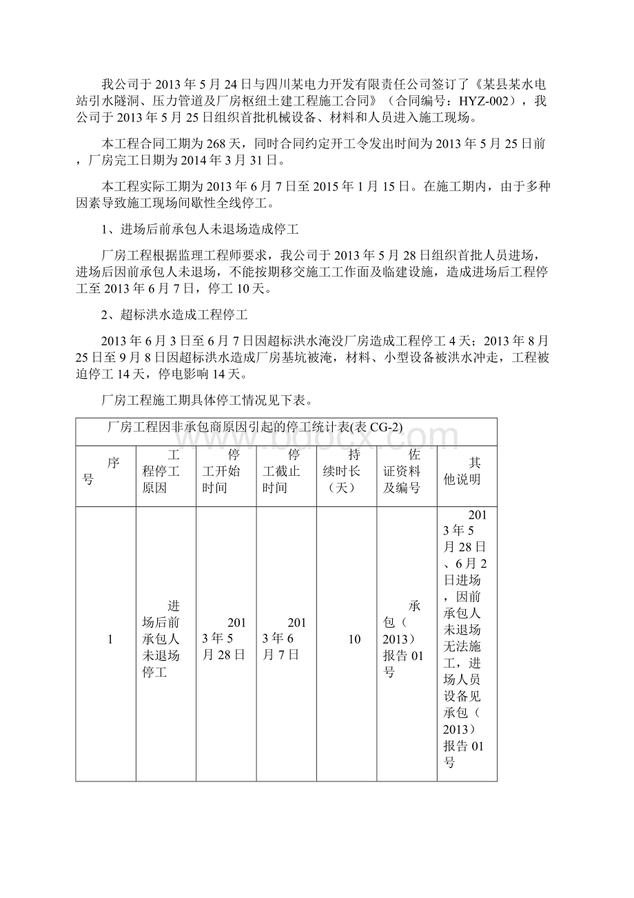 变更索赔成功案例某水电站厂房工程停工损失变更索赔报告01Word文档下载推荐.docx_第2页