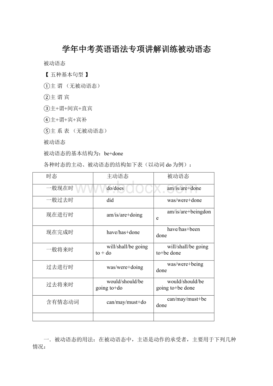 学年中考英语语法专项讲解训练被动语态Word文档格式.docx_第1页