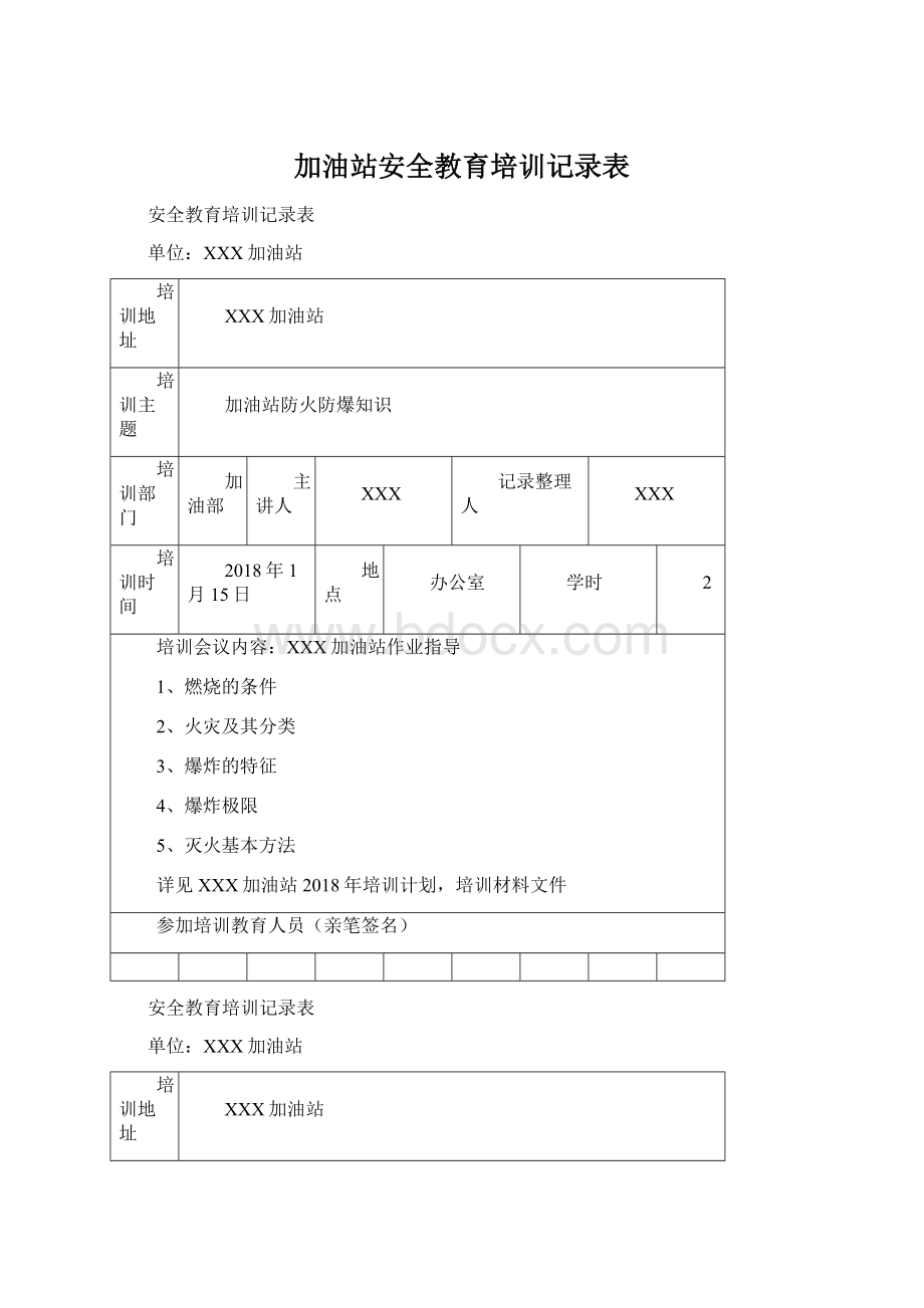 加油站安全教育培训记录表文档格式.docx