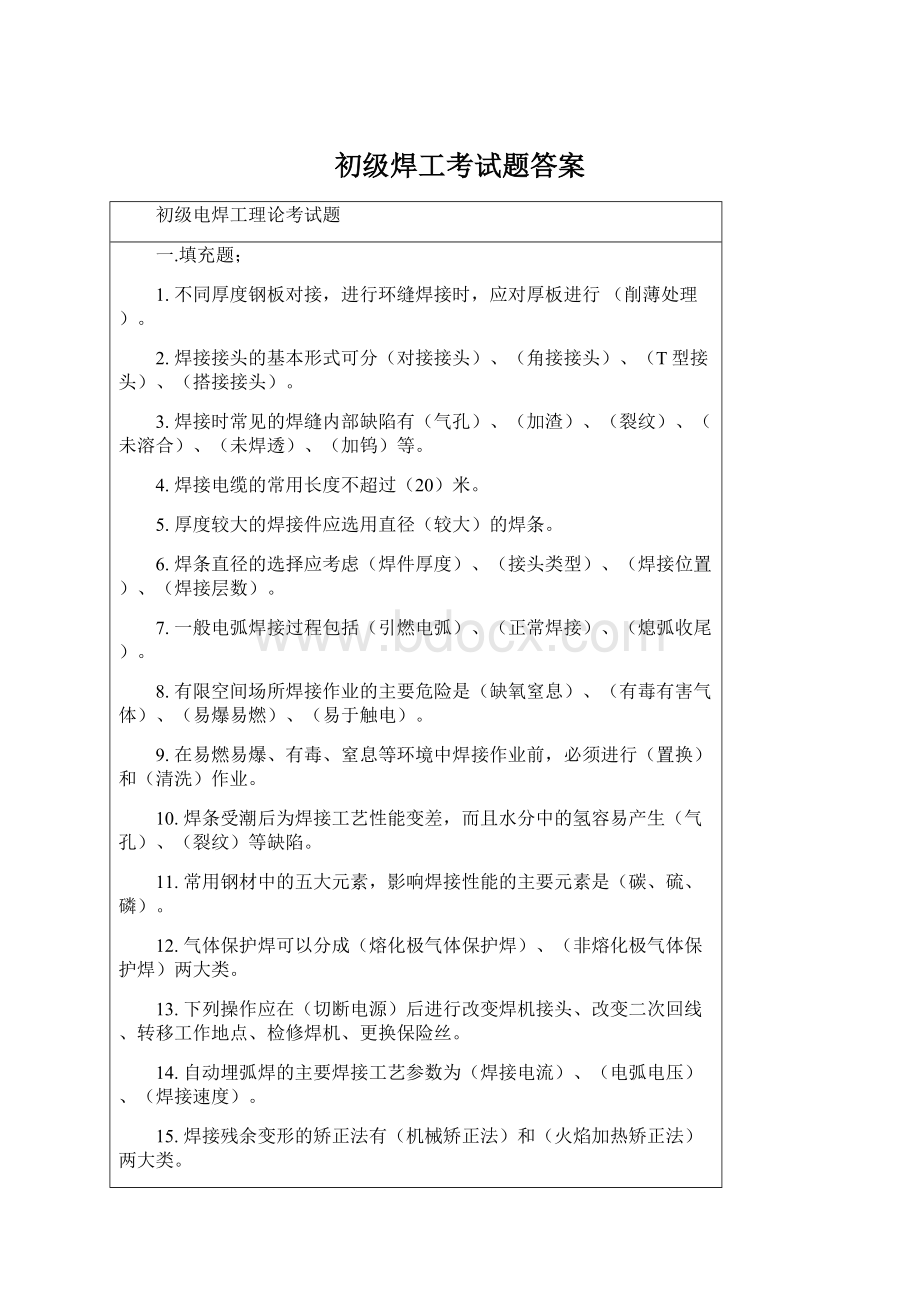 初级焊工考试题答案Word格式.docx