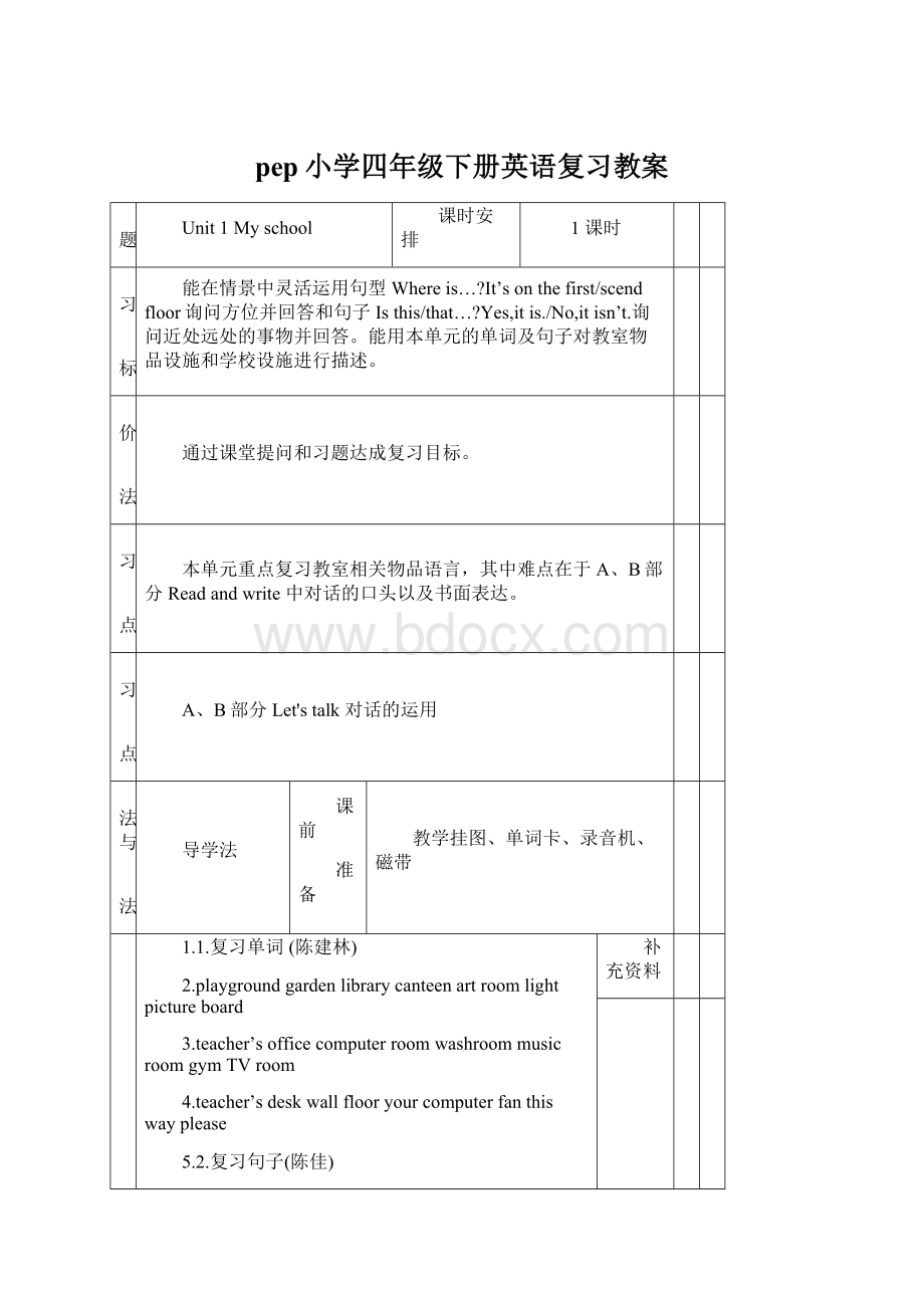 pep小学四年级下册英语复习教案.docx