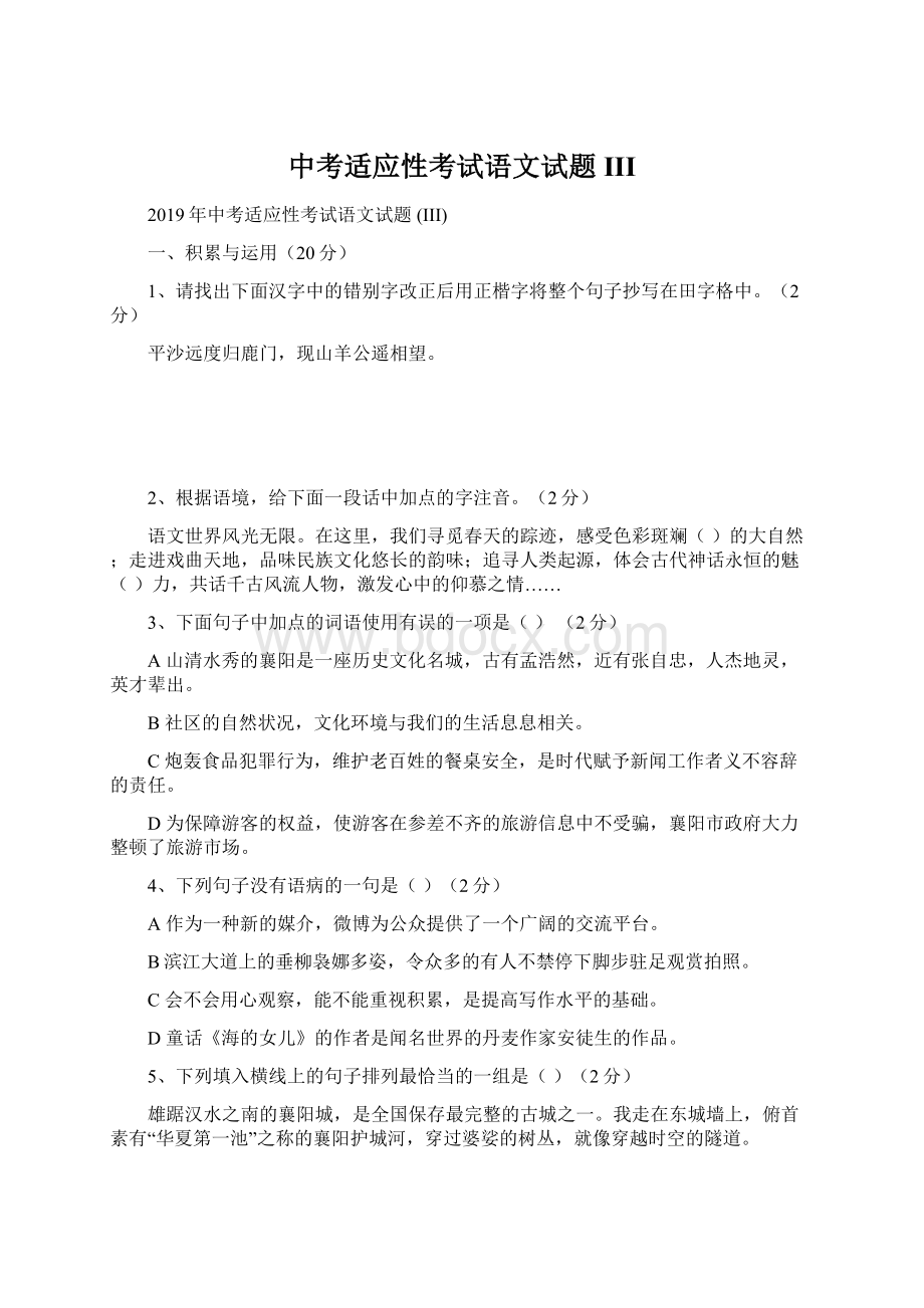 中考适应性考试语文试题 III.docx