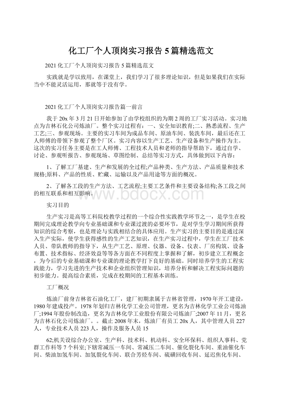 化工厂个人顶岗实习报告5篇精选范文.docx_第1页