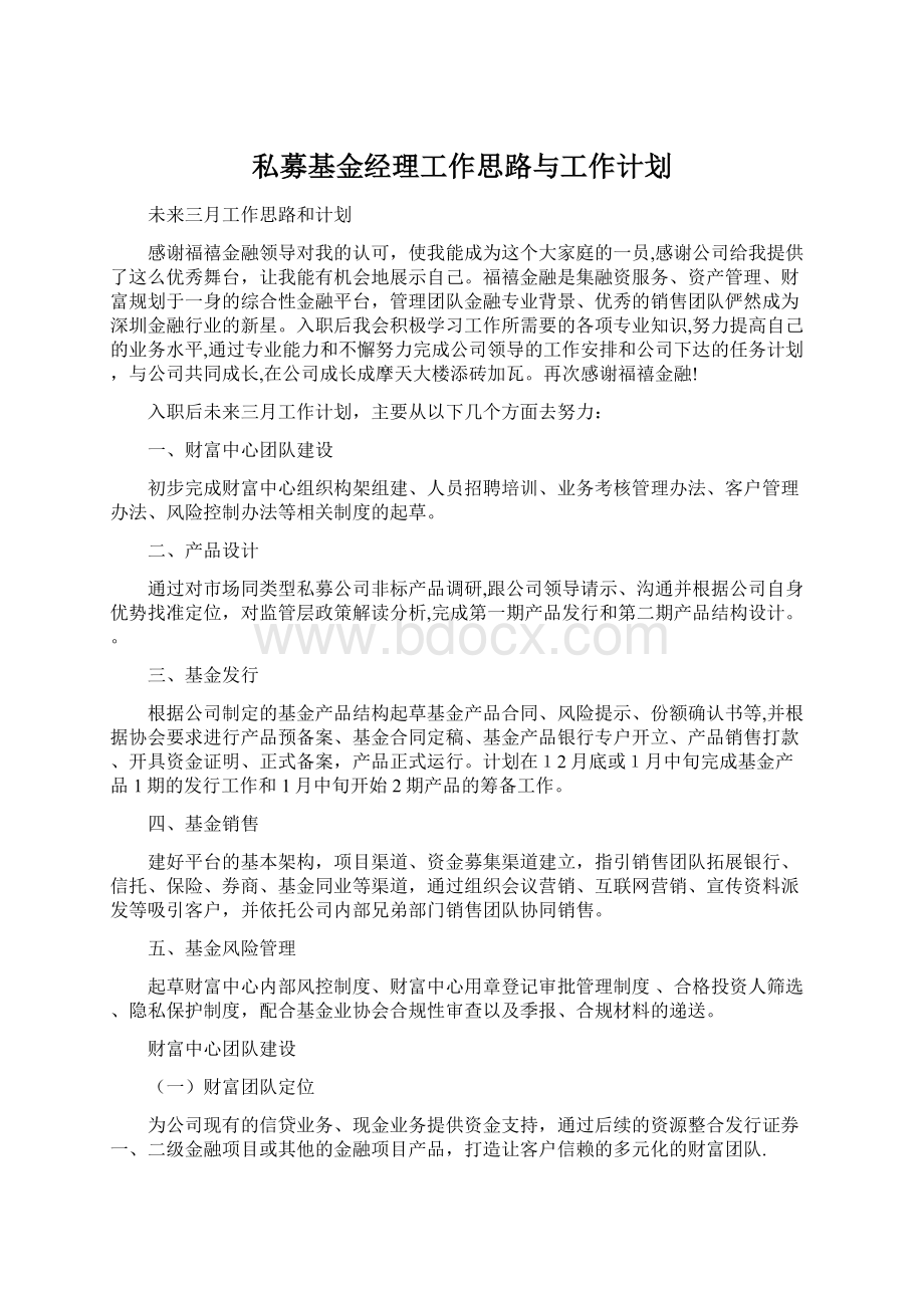 私募基金经理工作思路与工作计划Word格式文档下载.docx