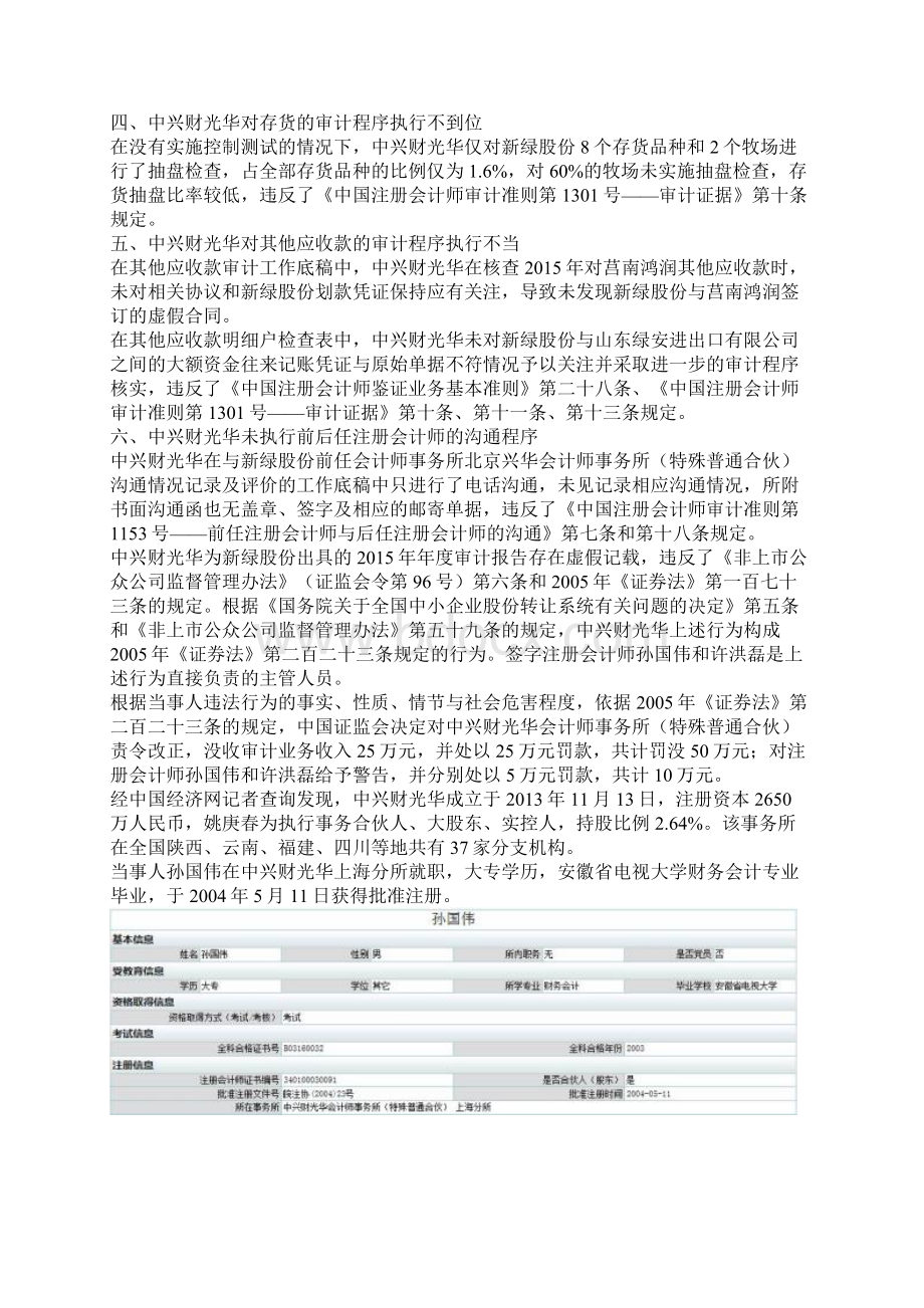 中兴财光华会计师所遭责令改正 担责新绿股份虚增营收WORD范文样版Word文档格式.docx_第2页