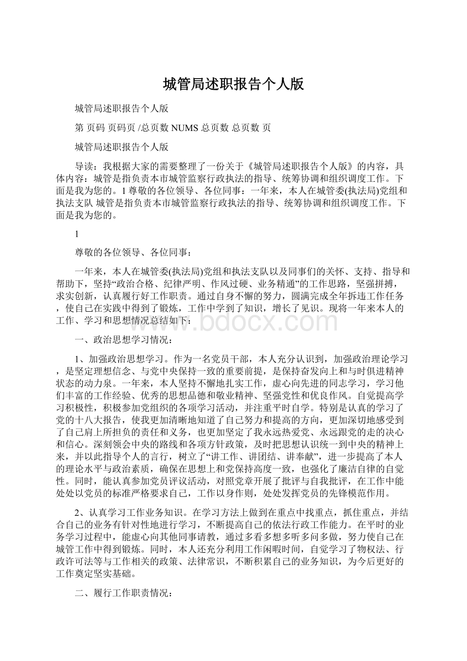 城管局述职报告个人版Word文档下载推荐.docx_第1页