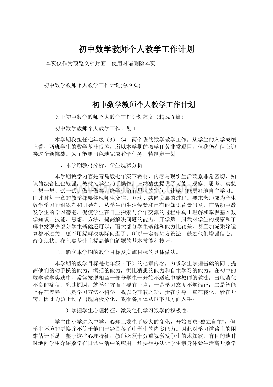 初中数学教师个人教学工作计划.docx