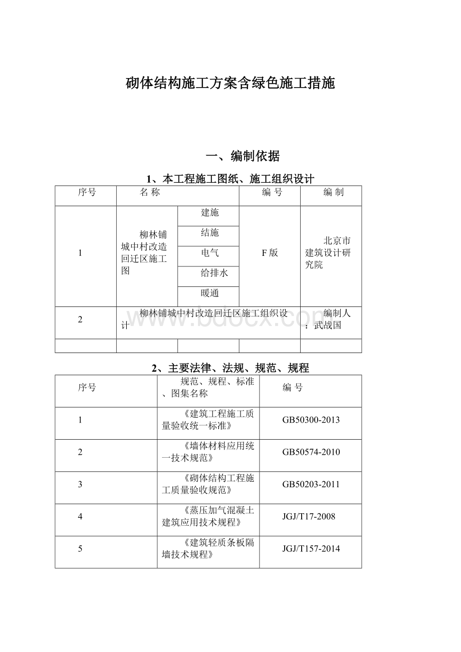 砌体结构施工方案含绿色施工措施Word下载.docx