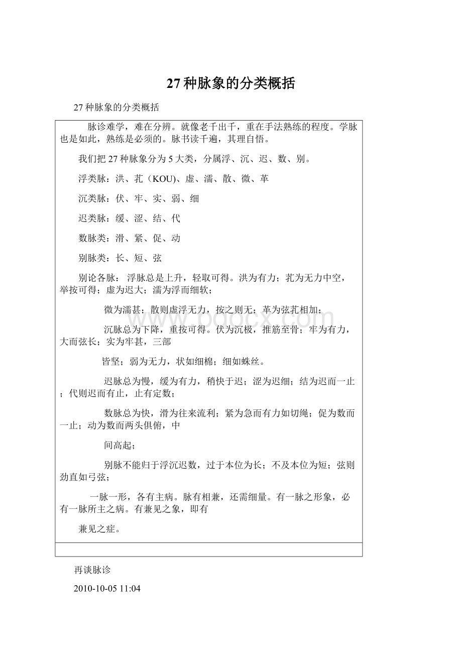 27种脉象的分类概括Word文档格式.docx