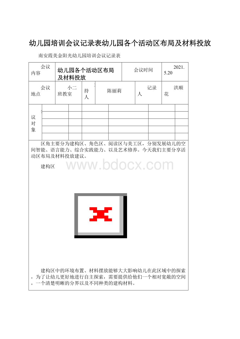 幼儿园培训会议记录表幼儿园各个活动区布局及材料投放.docx_第1页