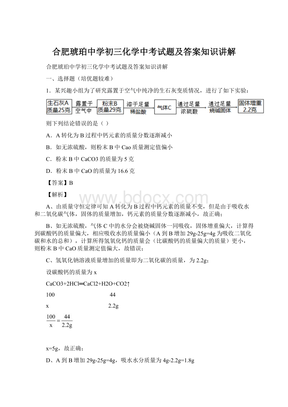 合肥琥珀中学初三化学中考试题及答案知识讲解.docx