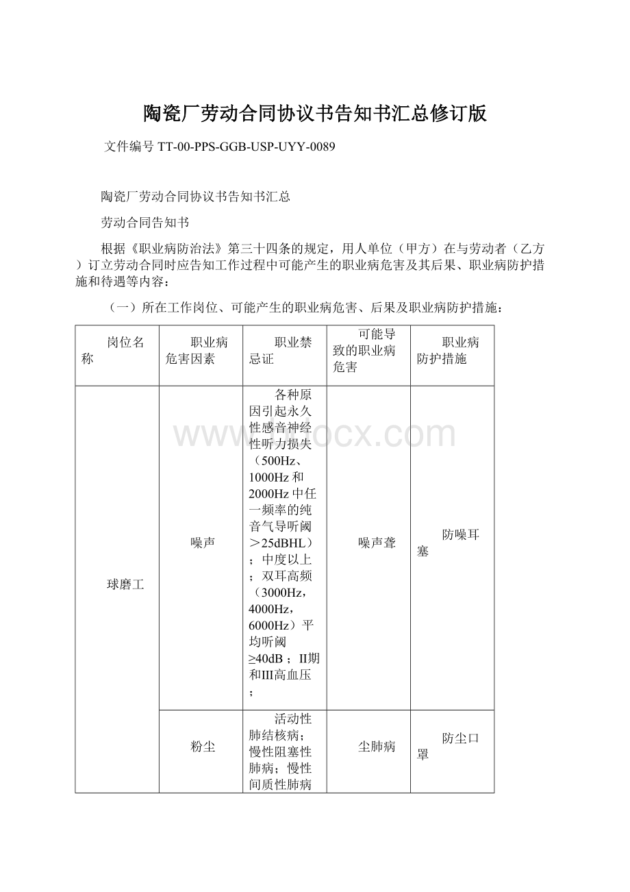 陶瓷厂劳动合同协议书告知书汇总修订版Word文档格式.docx_第1页