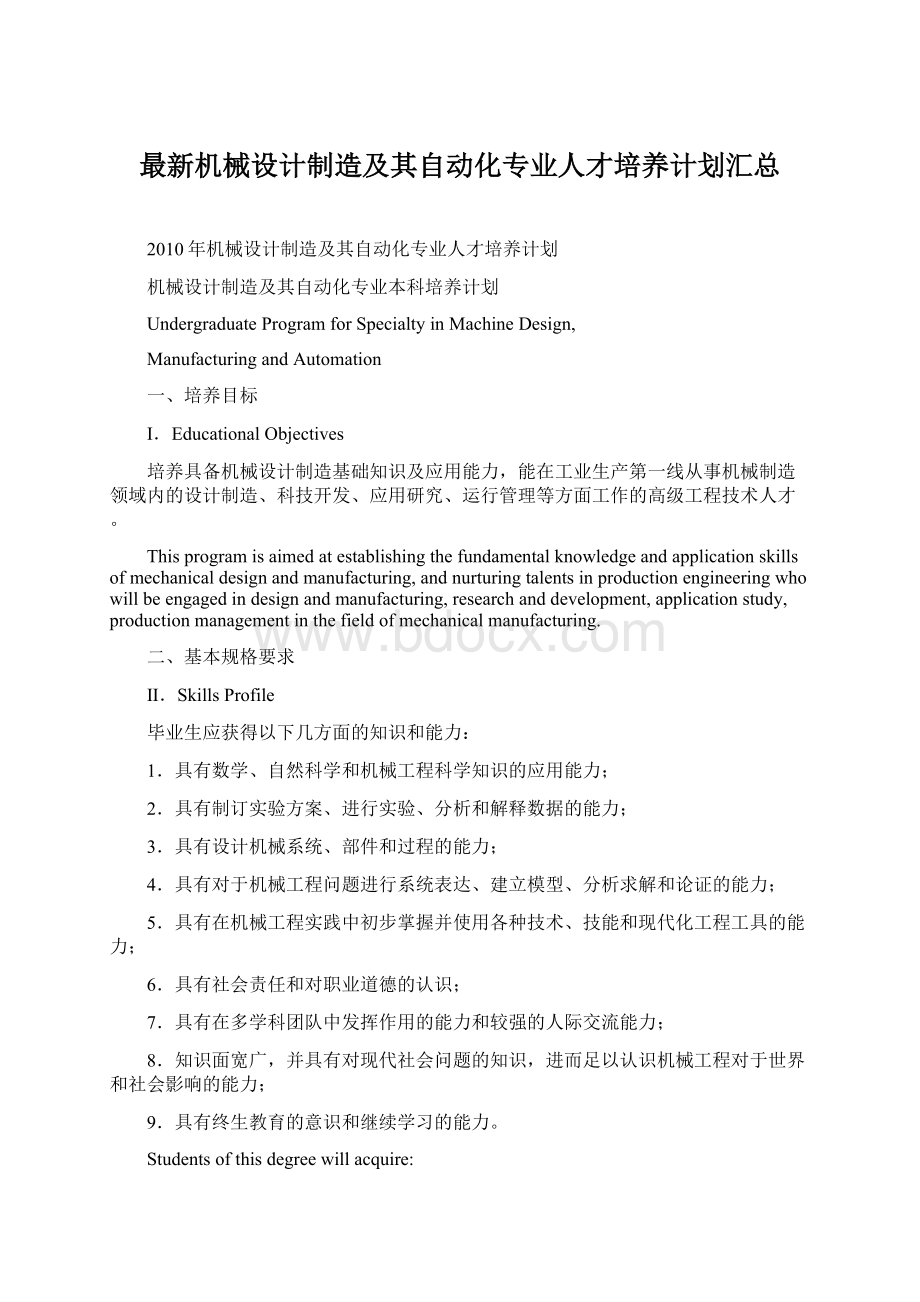 最新机械设计制造及其自动化专业人才培养计划汇总.docx