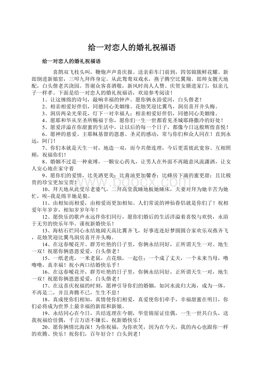 给一对恋人的婚礼祝福语Word文档下载推荐.docx_第1页