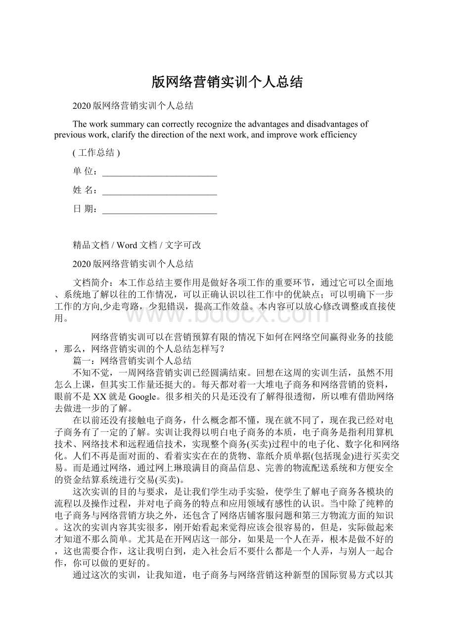 版网络营销实训个人总结Word文件下载.docx