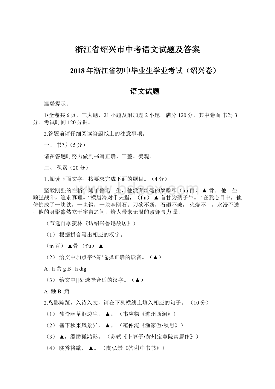 浙江省绍兴市中考语文试题及答案.docx