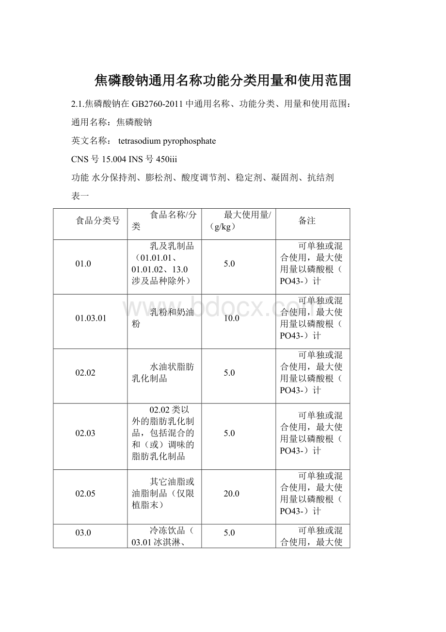 焦磷酸钠通用名称功能分类用量和使用范围Word下载.docx