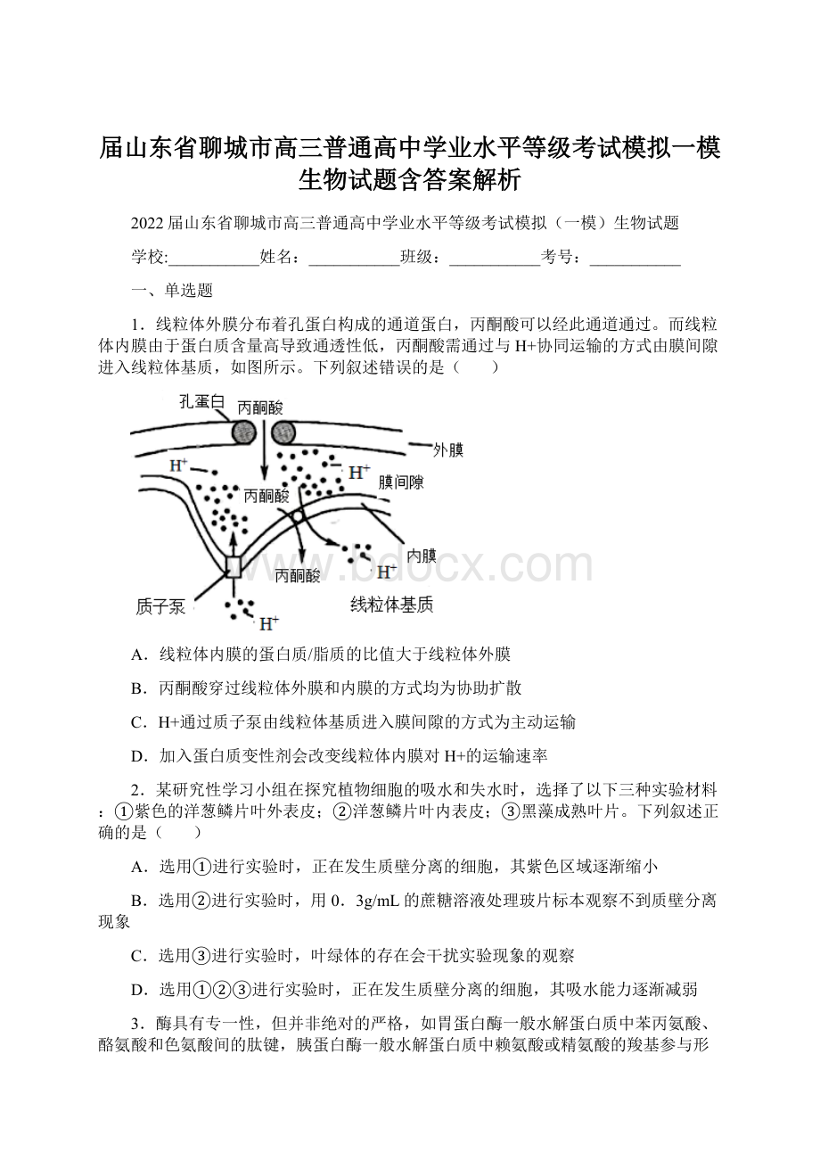 届山东省聊城市高三普通高中学业水平等级考试模拟一模生物试题含答案解析.docx