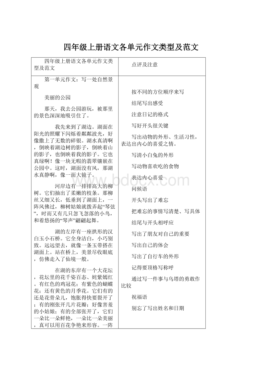 四年级上册语文各单元作文类型及范文.docx_第1页