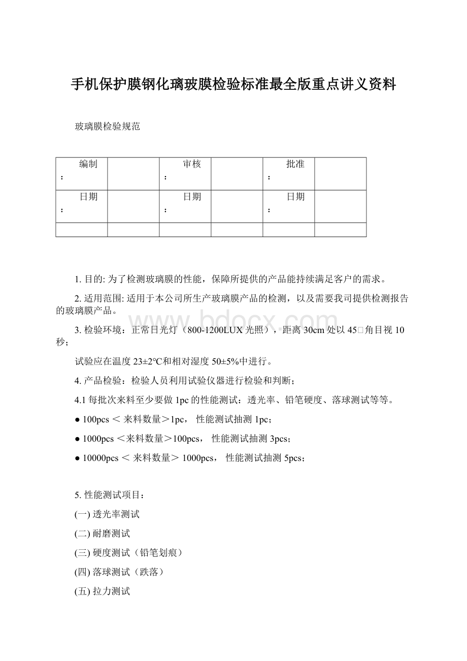 手机保护膜钢化璃玻膜检验标准最全版重点讲义资料文档格式.docx_第1页