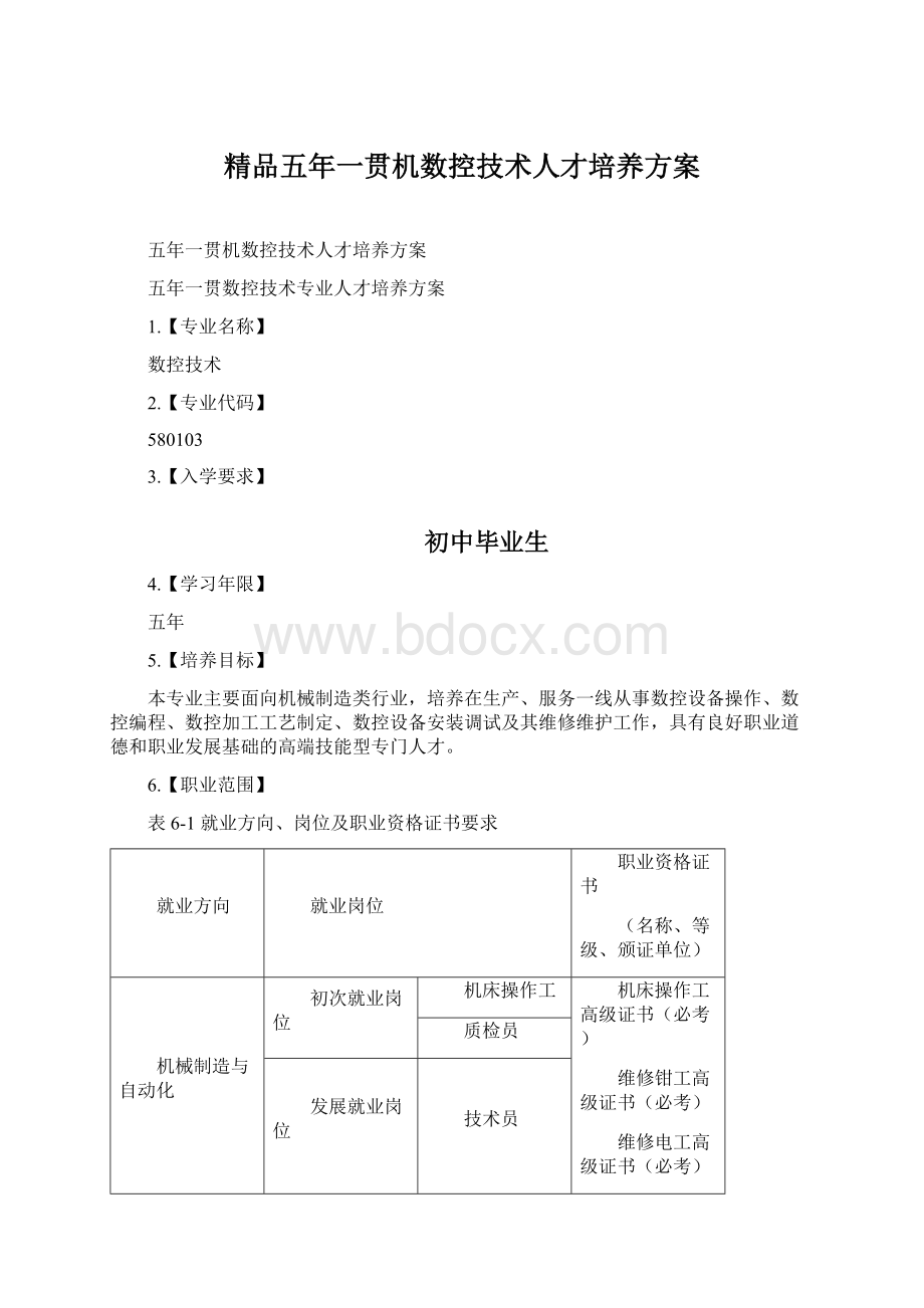 精品五年一贯机数控技术人才培养方案Word文档下载推荐.docx_第1页