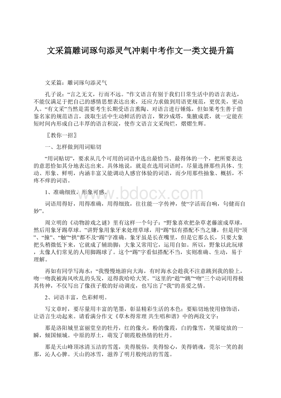 文采篇雕词琢句添灵气冲刺中考作文一类文提升篇Word文档下载推荐.docx_第1页