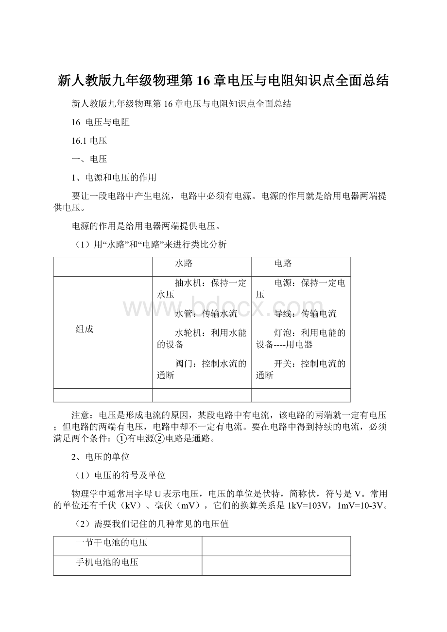 新人教版九年级物理第16章电压与电阻知识点全面总结.docx_第1页